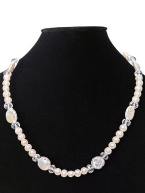 Freshwater Pearl Necklace Baroque Flat Cream Baroque Crystal Beads Toggle Bridal